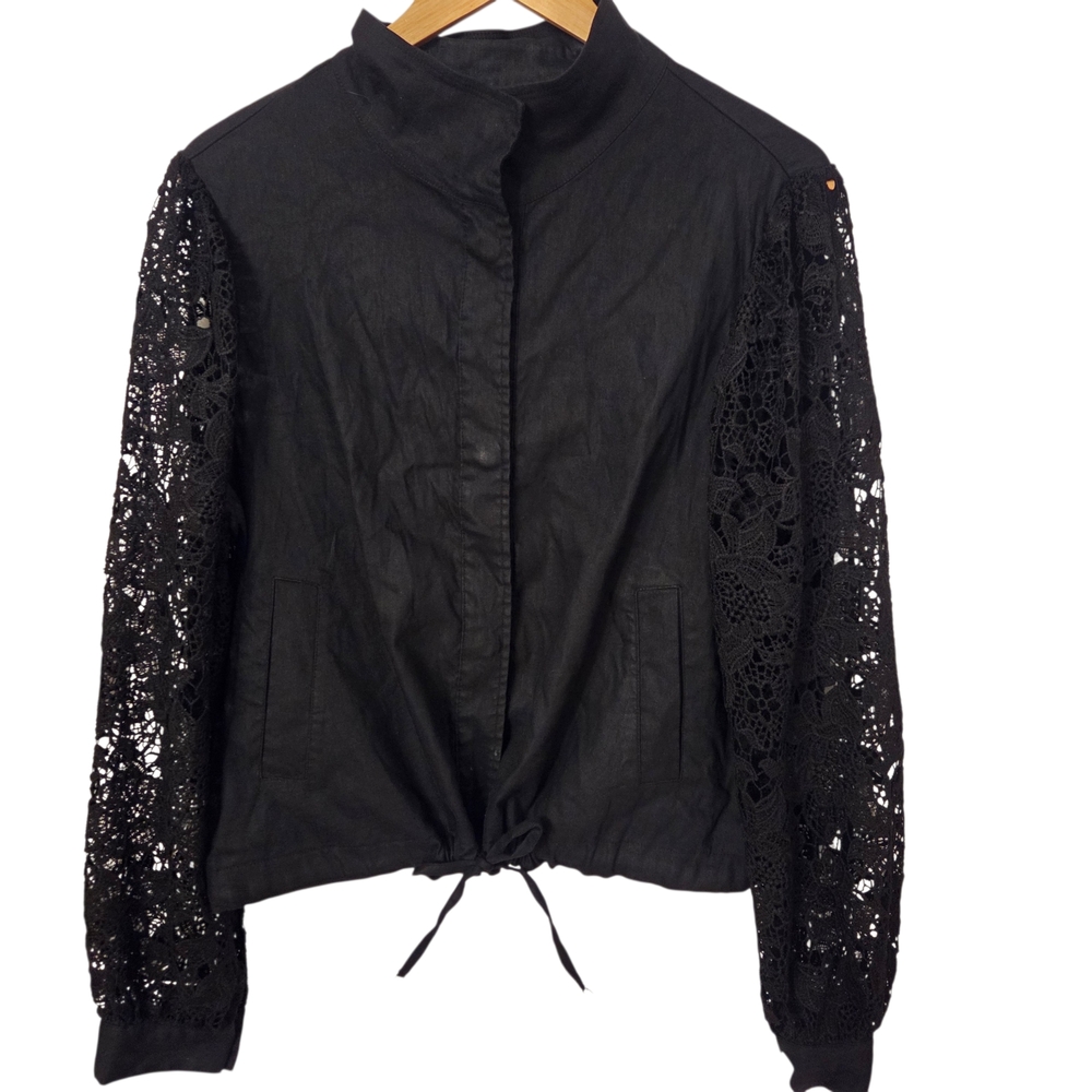 I.N.C. Black Linen Lace Sleeve Jacket-Style Shirt Romantic Poet Blouse-Core L